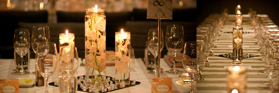 centros de mesa de flores sumergidas con velas flotantes y cuentas ena crilico