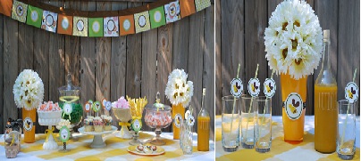 pomas en fiesta infantil para mesa de postres y mesa de bebidas